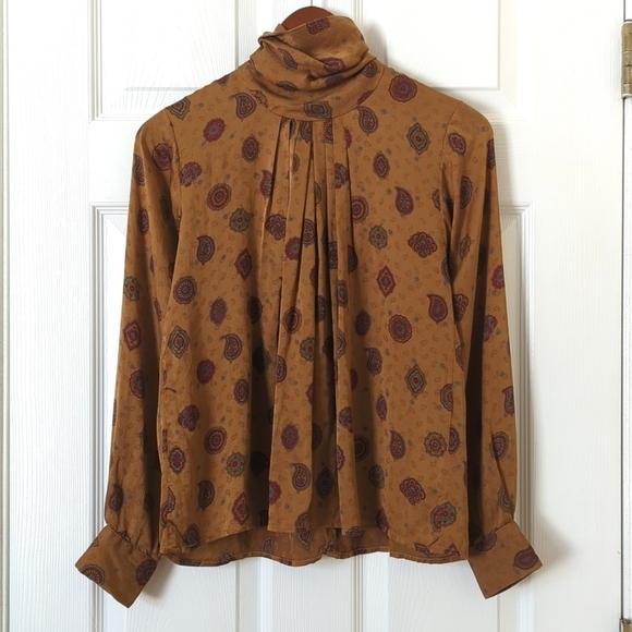 Anne Klein 80's Vintage Silky Paisley Printed Pleated Turtleneck Blouse Brown SP - Picture 1 of 13